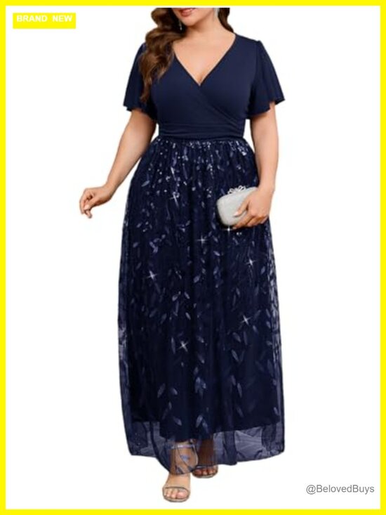 Dresses & Skirts - Plus Size Sequin Tulle Formal Maxi Dress V-Neck A-Line Ruffle Sleeve Prom